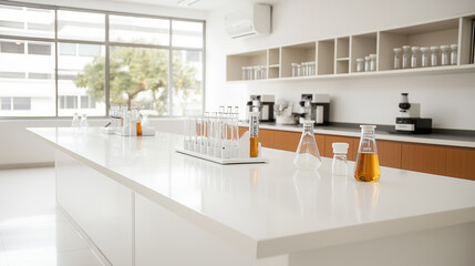 Poster - clean, organized physics lab featuring advanced tools and equipment, showcasing glassware and liquids on bright countertop. space is well lit and modern, ideal for scientific research