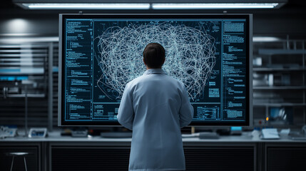 Aufkleber - physicist analyzing complex data on large screen in lab. atmosphere is focused and intense, showcasing intricacies of energy dynamics and scientific research