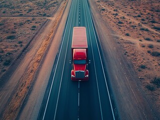 a red truck drives down a deserted highway, surrounded by a rugged landscape under a clear sky.