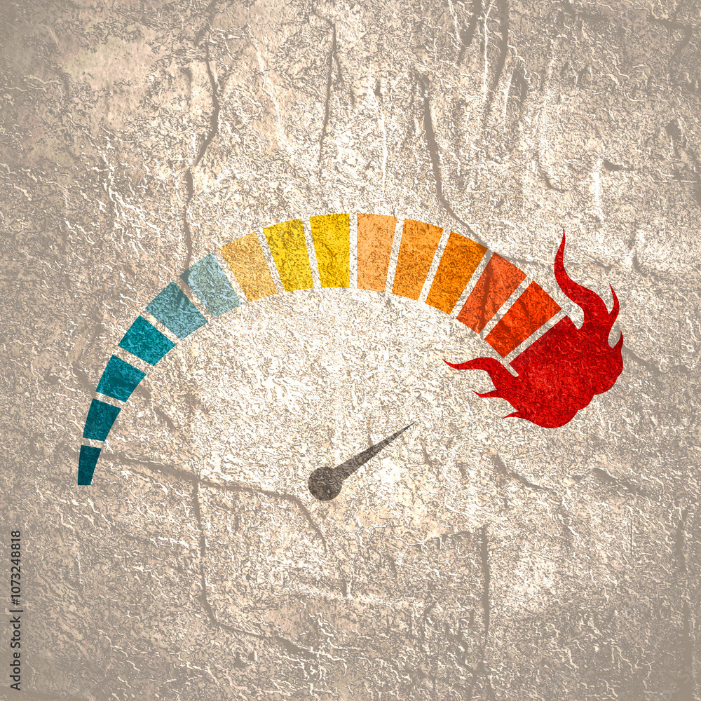Meter scale with arrow and flame. The temperature measuring device icon ...