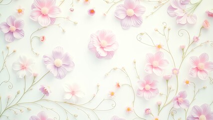 Delicate pastel pink flowers arranged on a white background in a repeating pattern, creating a visually appealing and calming floral design.