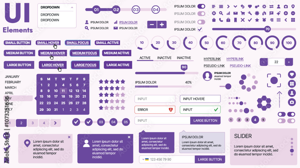 Modern UI kit featuring a collection of essential buttons, icons, and ...