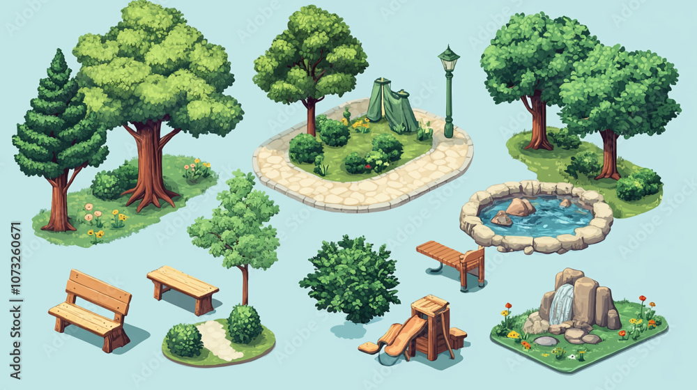 Isometric 3d illustration park trees forest nature elements flat design ...