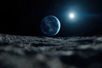 Wall Mural - the image captures earth rising above the moon's rugged terrain, with the bright sun shining in the 