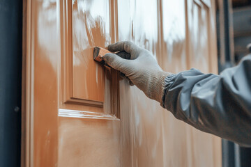 Carpenter applying varnish on wooden door with sandpaper block