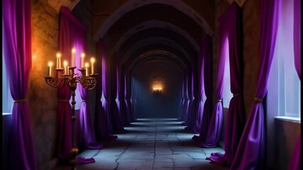 Poster - A dimly lit stone hallway with purple curtains and a lit candelabra