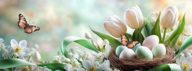 A white flower garden with a nest of eggs and a butterfly