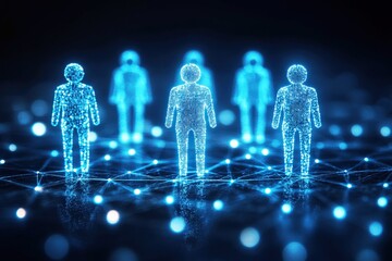 Wall Mural - digital representation of human figures connected through network nodes and data streams, highlighti