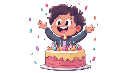 a 2D cartoon illustration of a child making a wish on a birthday cake, hopeful and happy, white background--ar 16:9