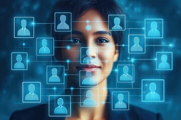Wall Mural - young professional woman surrounded by digital network connections representing social media and onl
