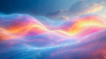 Sticker - A colorful, glowing wave of light is displayed on a blue background. The colors are vibrant and the wave appears to be moving through space. Scene is one of wonder and excitement