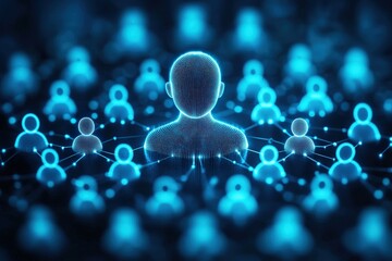 Wall Mural - futuristic digital network representing human connections with abstract 3d figures and light pattern