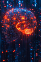Wall Mural - a brain with a red and blue glow surrounding it. the brain is surrounded by a cityscape with buildin