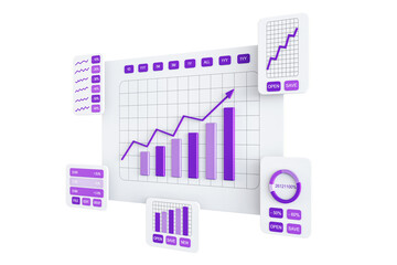 Fototapete - Purple and white graph and chart interface with lines, bars, and buttons on a white background. Business and technology concept. 3D Rendering