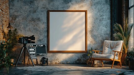 Wall Mural - Empty Frame with Camera, Chair, and Plants in a Rustic Room.