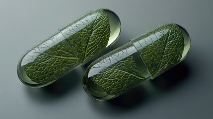 Two clear capsules filled with green leaves, representing natural health and medicine.