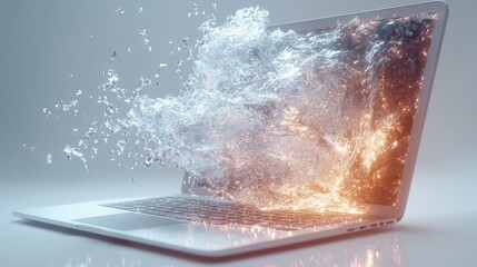 Wall Mural - a laptop computer with a digital explosion of water and fire erupting from the screen.