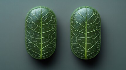 Wall Mural - Two green leaf-shaped capsules on a grey background.