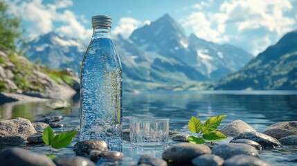 Wall Mural - A bottle of water and glass on a rocky shore with a mountain range in the background.