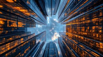 Wall Mural - a low angle view of a city skyline with tall buildings reaching up to the sky.