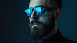 © karina_lo - Man wearing digital glasses, portrait of bearded person on dark blue background. Concept of vr, vision, virtual reality, technology, future