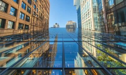Wall Mural - a low angle view of a glass building facade reflecting the city skyline.