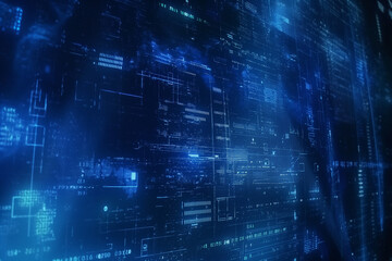 Wall Mural - holographic digital interface with layers of code, data graphs, and cyber security symbols, floating