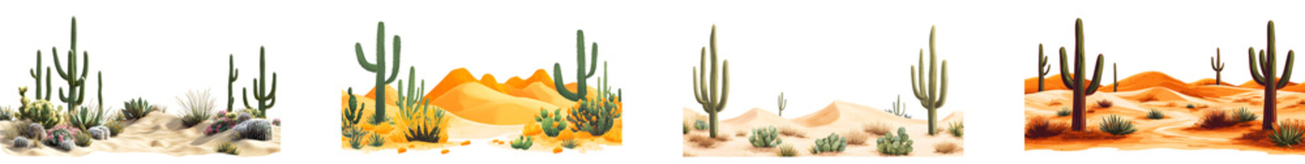 Wall Mural - Desert landscape with cacti and dunes during golden hour isolated on transparent background