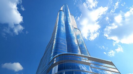 Wall Mural - a low angle view of a modern glass skyscraper reaching towards a bright blue sky with white clouds.