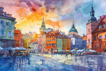 Wall Mural - A painting of a city square with a large crowd of people