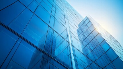 Wall Mural - a low angle view of a modern glass skyscraper with blue glass windows reflecting the sky and sun.