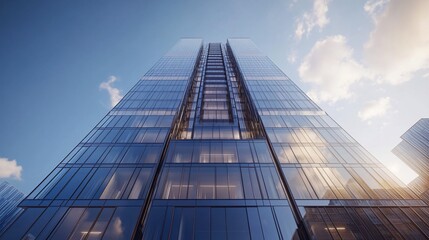 Wall Mural - a low angle view of a modern skyscraper with glass facade against a blue sky with white clouds.