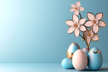 Aufkleber - Clean, simple design of a flower and egg arrangement, with soft pastel colors on a plain background