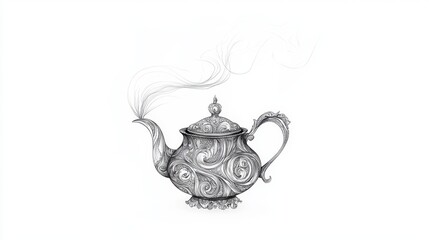 Wall Mural - elegant line art of a teapot with steam rising, intricate details on the spout and handle on white