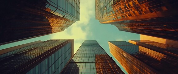 Wall Mural - a low angle view of modern skyscrapers in the city with a bright sky.