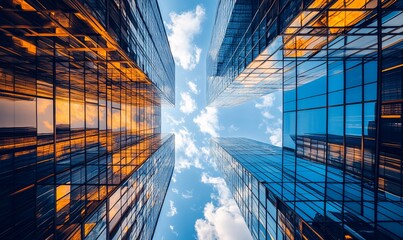 Wall Mural - a low angle view of modern skyscrapers reaching for the sky.