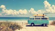 © Gophotograph - Surfboard resting atop a charming old van near the coastline.