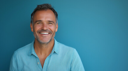 A happy, middle-aged man with a warm smile, standing confidently against a solid blue background. His relaxed expression and casual attire convey a sense of contentment and positivity