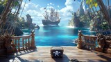 Adventure awaits as the pirate ship sails towards the alluring shores of the island.
