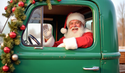 Wall Mural - Santa Claus is driving a green truck with garlands , waving and smiling