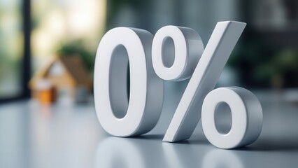 A large, three dimensional zero percent symbol is placed on a sleek office table. The background features blurred out office elements, creating a professional atmosphere. Soft lighting enhances the mo