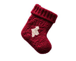 A cozy red knitted Christmas stocking with a white tree design, perfect for holiday decorations and festive cheer.