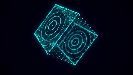 Leinwandbilder - Abstract blue cube with connecting dots and lines. Big data visualization. Blockchain technology concept. Wireframe network connection structure with circle. 3d rendering.