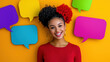 © Wonderful Studio - A vibrant image of a smiling woman against a colorful backdrop, featuring speech bubbles that suggest conversation and communication.