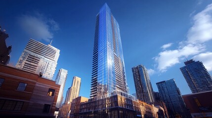 Wall Mural - a modern skyscraper towers over the city, showcasing a vibrant urban skyline.
