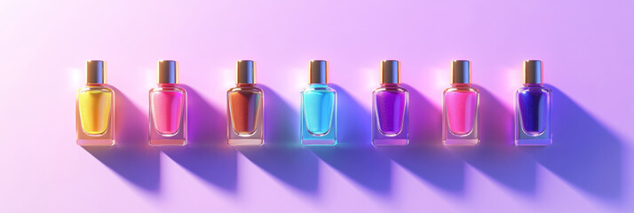 Wall Mural - A set of colorful nail polish bottles arranged in a row glass isolated on gradient purple lavender background. 3D fashion shimmering cosmetic beauty gradient metallic wallpaper salon spa material