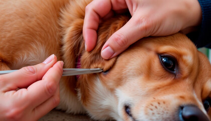  Dog receiving ear cleaning treatment at veterinarian's office. Removing tick from dog's skin with metal tool close-up. Dog tick prevention. Tick on dog fur  .Removing tick from dog .Tick-borne diseas