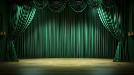 Wall Mural - empty theater stage with green velvet curtains. spotlight showtime copy space