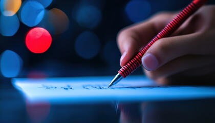 A close-up of a hand writing on paper with a red pen, surrounded by blurred colorful lights, evoking a creative and focused atmosphere.