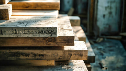 Wall Mural - A close-up view of stacked wooden boards and planks in a rustic warehouse, illuminated by natural light, showcasing textures and shadows